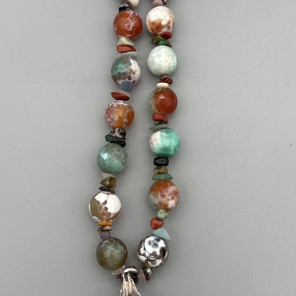 VTG Artisan Beaded Natural Gemstone Agate? Jasper? Silver Leaf Necklace GIFT 20